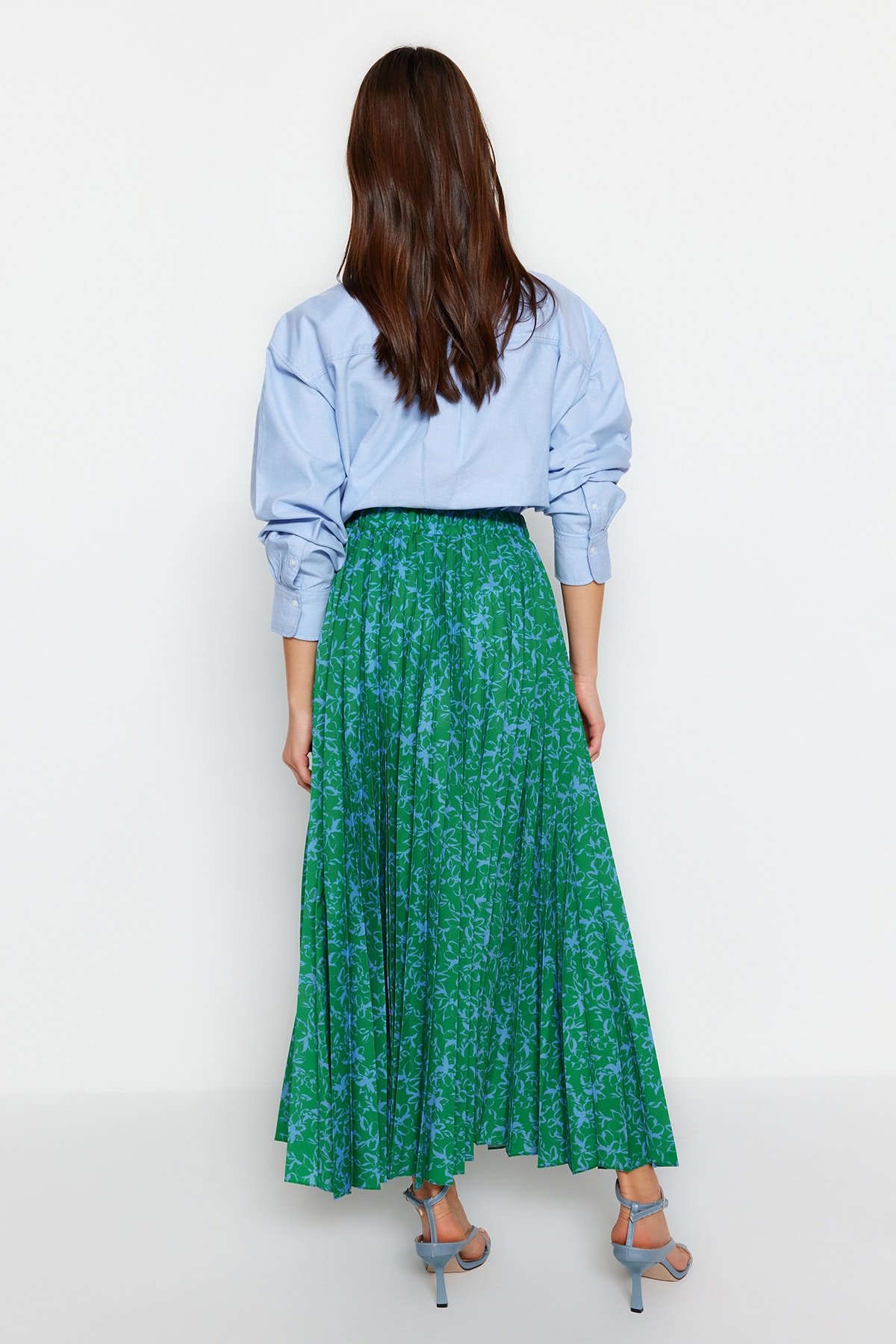 Trendyolmilla  Yeşil Çiçek Desenli Piliseli Beli Lastikli Dokuma Etek TCTSS23EE00018 - Görsel 6