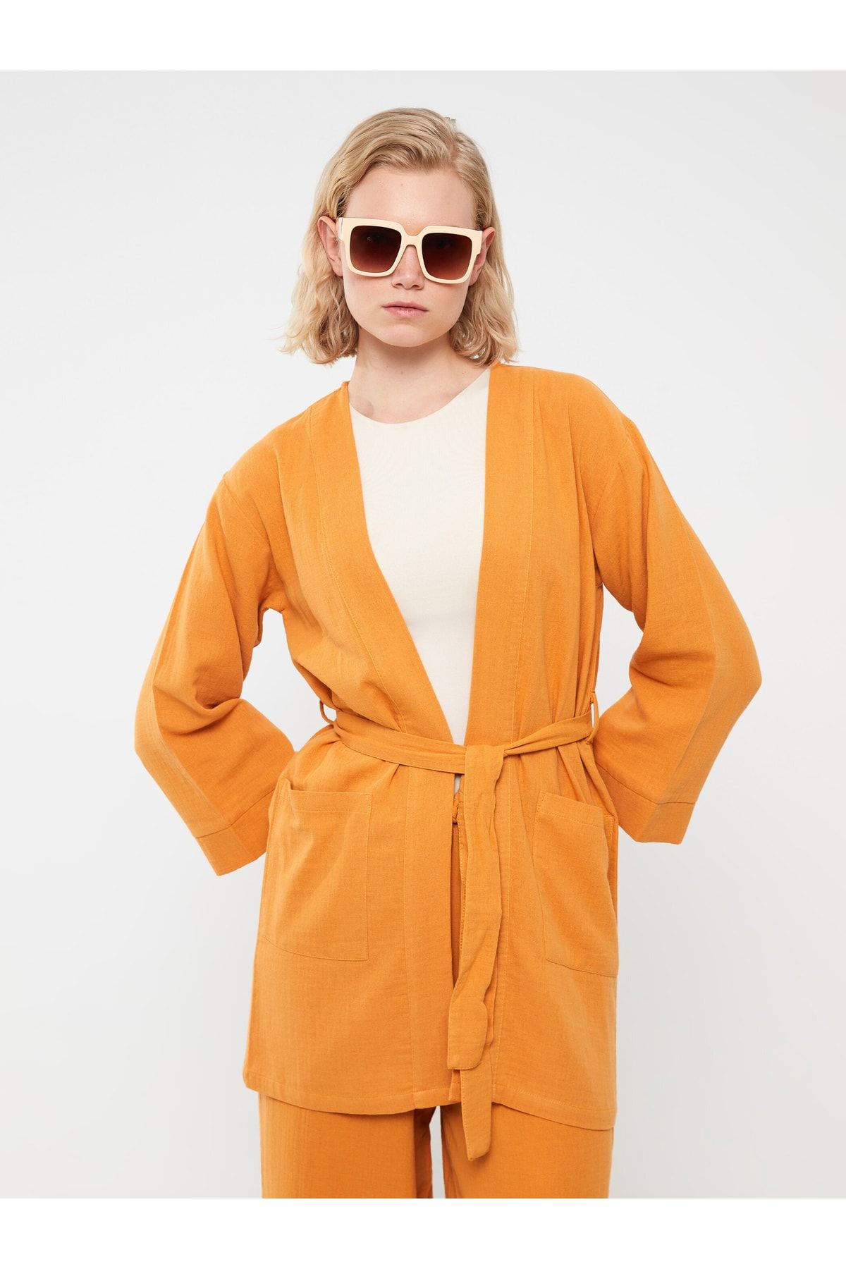 Şal Yaka Düz Uzun Kollu Oversize Müslin Kadın Kimono