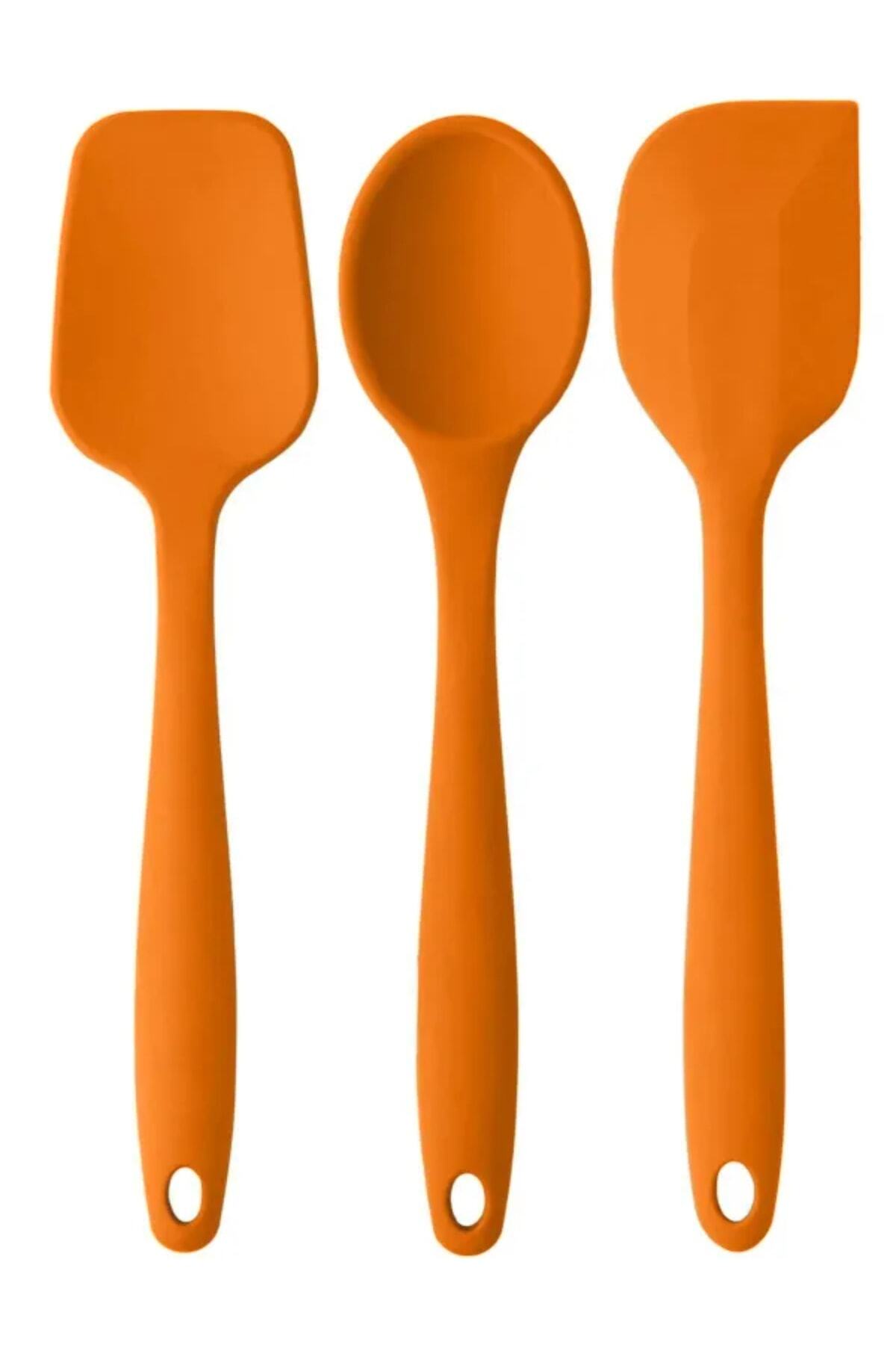 PİNK ROSE Bybirgül Büyük Boy Yanmaz Yapışmaz Silikon Spatula Kaşık Hamur Sıyırıcı Spatula Turuncu (3LÜ SET)