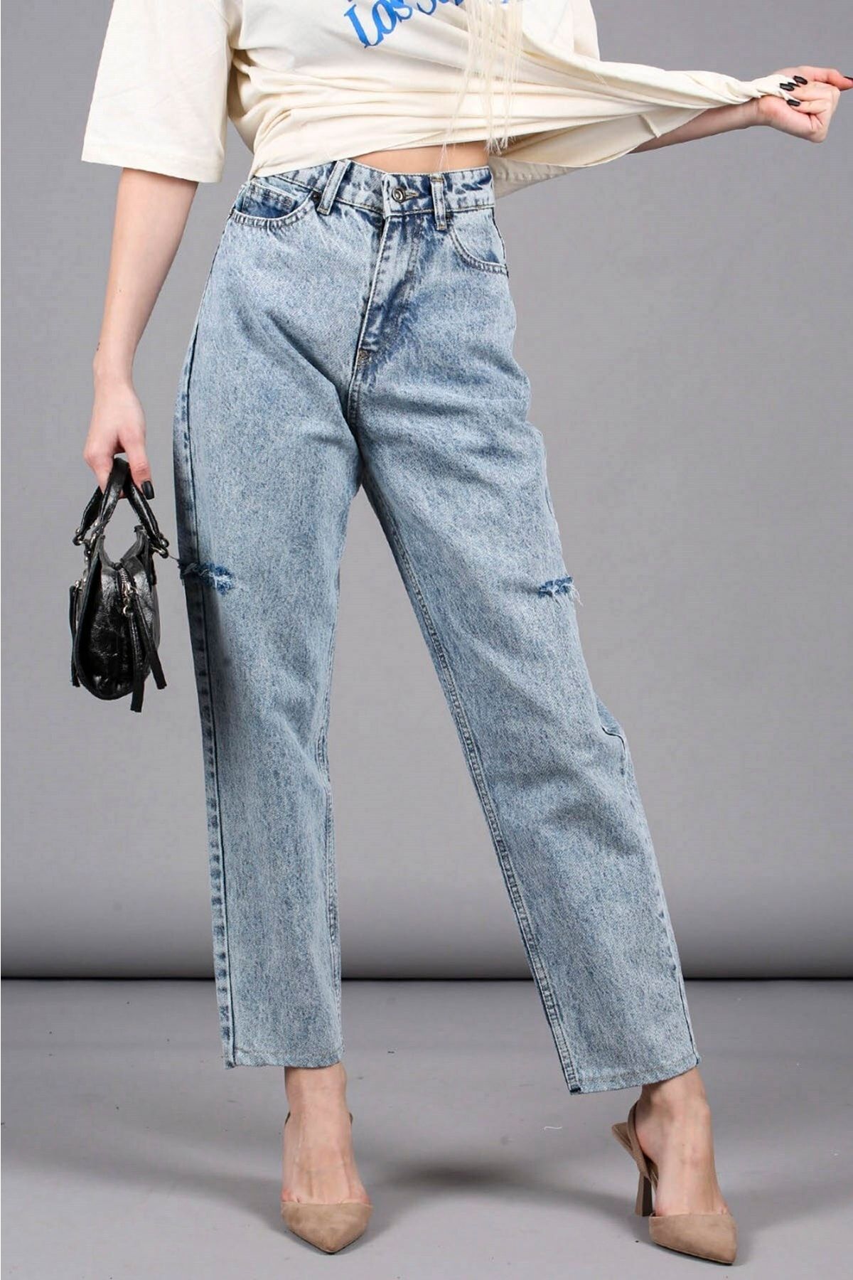 شلوار جین آبی جیب دار مدل گشاد جذاب طرح زاپدار زنانه مدمکست Madmext (برند ترکیه)
