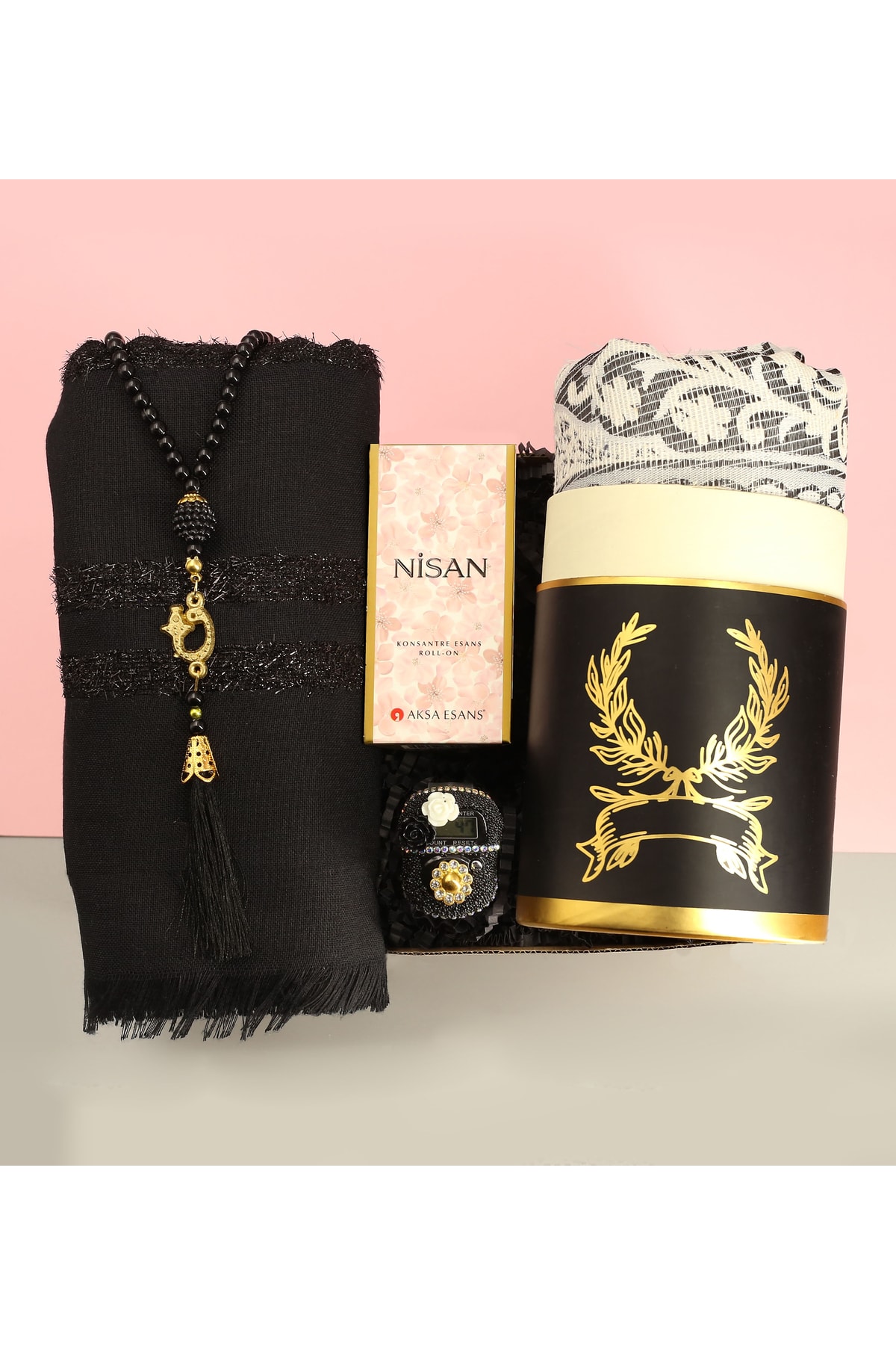 Glitter Detailed Black Shawl & Boxed Prayer Rug & Rosary & Zikirmatik & Floral Fragrance Roll-on Gift Set