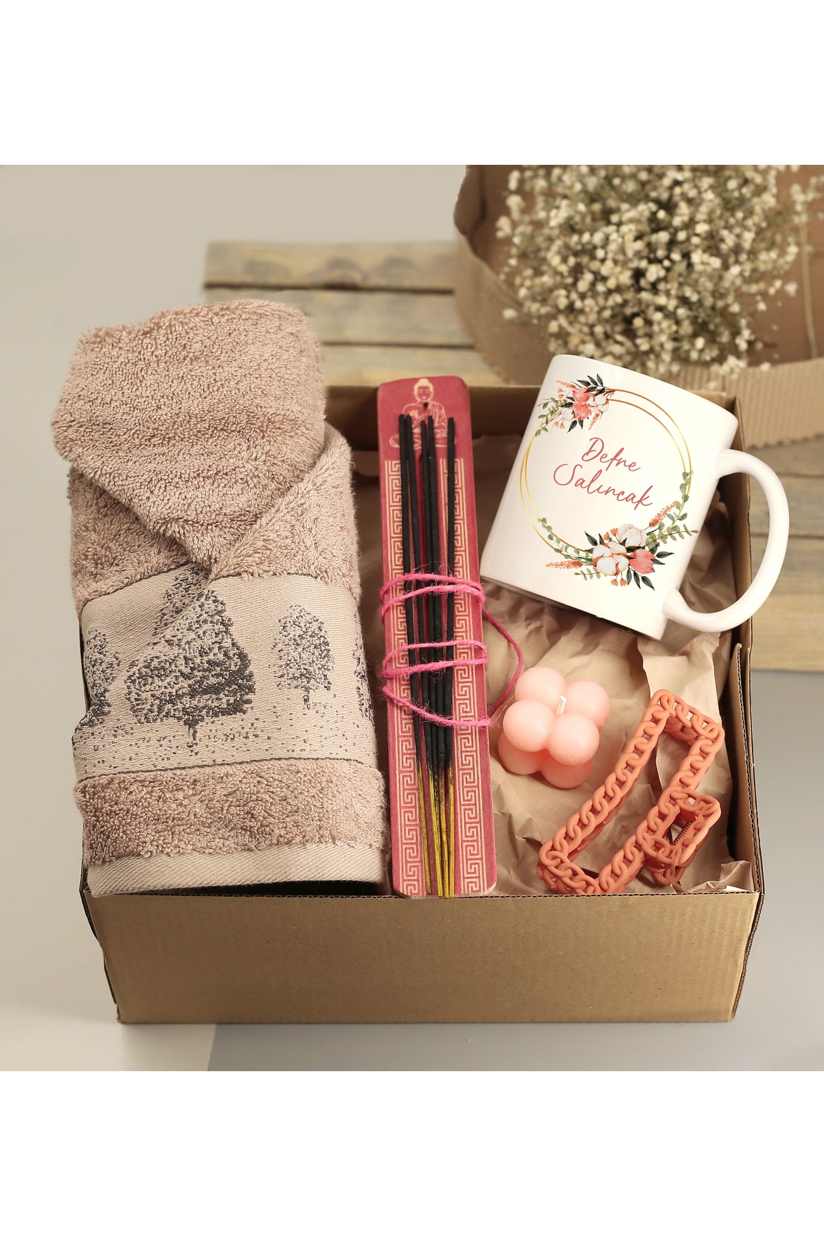 Personalized Name Printed Mug & Bamboo Towel & Incense Plate & Incense & Pinch Buckle & Candle