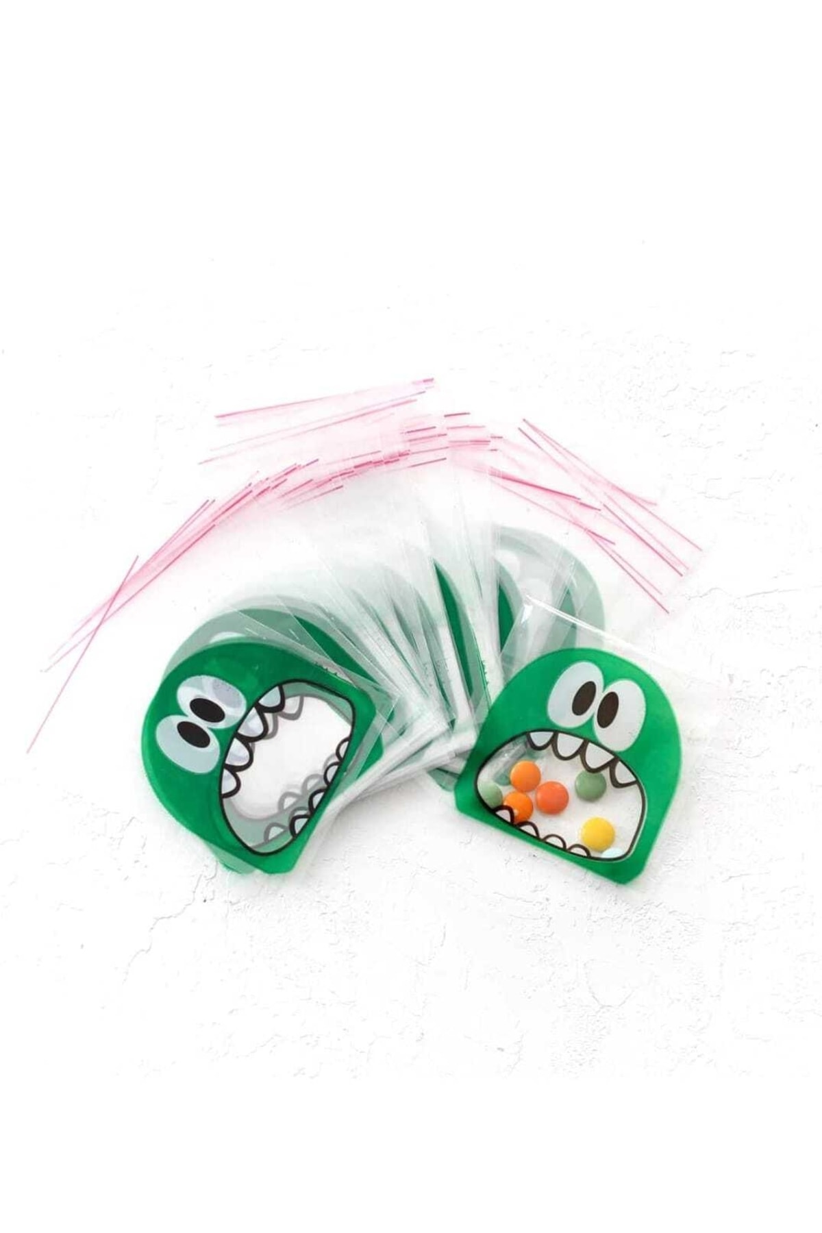 Packmore 25 Adet Yeşil Canavar Desenli Bantlı Şeffaf Poşet, 10x15 Cm