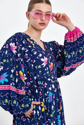 Cotton Mood Vp8197 Uzun Balon Kol V Yaka Desenli Viskon Elbise Lacıvert