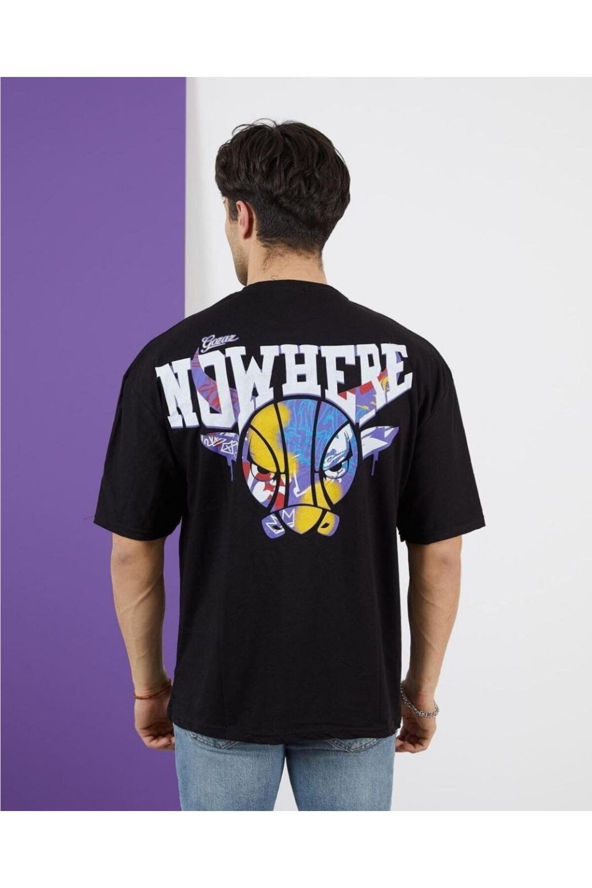 Nowhere Baskılı Oversize %100 Pamuk Siyah T-shirt