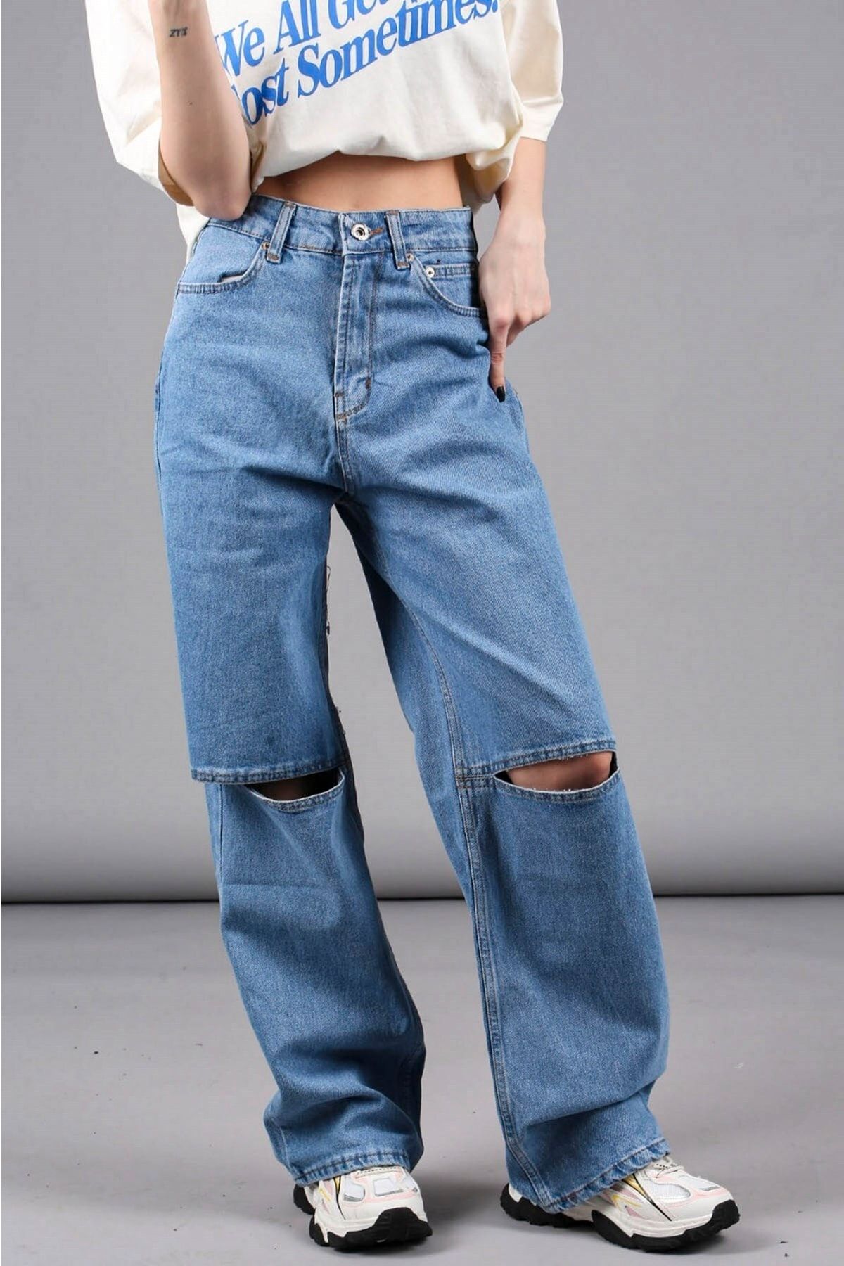 شلوار جین آبی جیب دار مدل گشاد طرح زاپدار زنانه مدمکست Madmext (برند ترکیه)