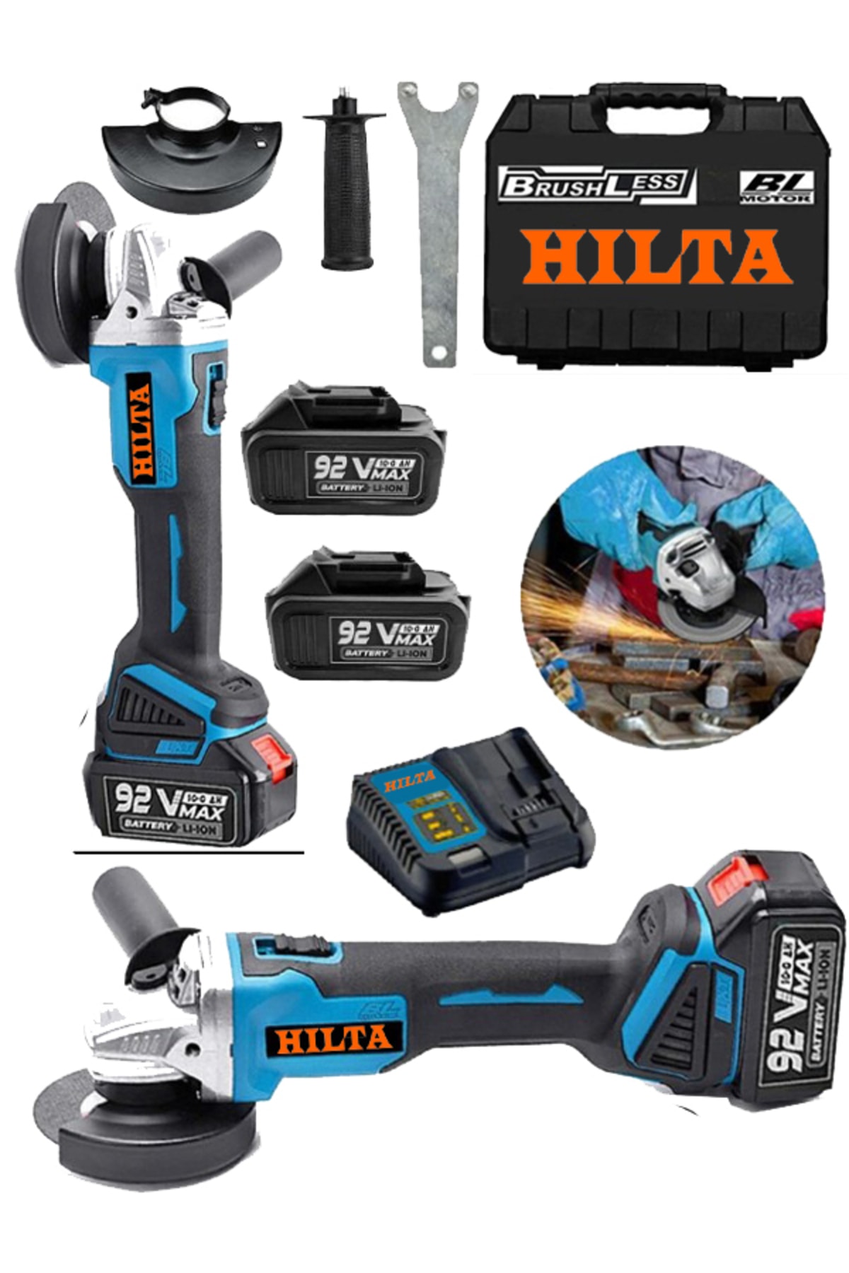 Hilta Power Alman 92 V 10 Ah Kömürsüz Motor Çelik Şanzıman Çift Akülü Şarjlı Avuç Sprel Taşlama Kesme Makinesi