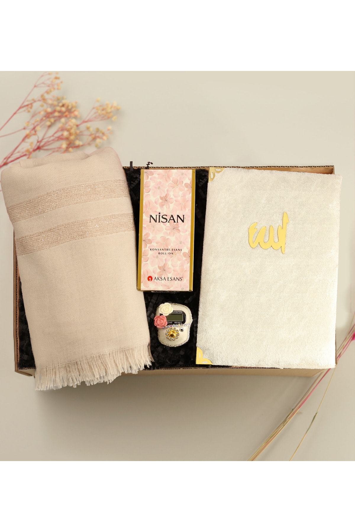 Glitter Detailed Powder Colored Shawl & Zikirmatik & Yasin & Floral Fragrance Alcohol-Free Roll-on Essence Gift Set
