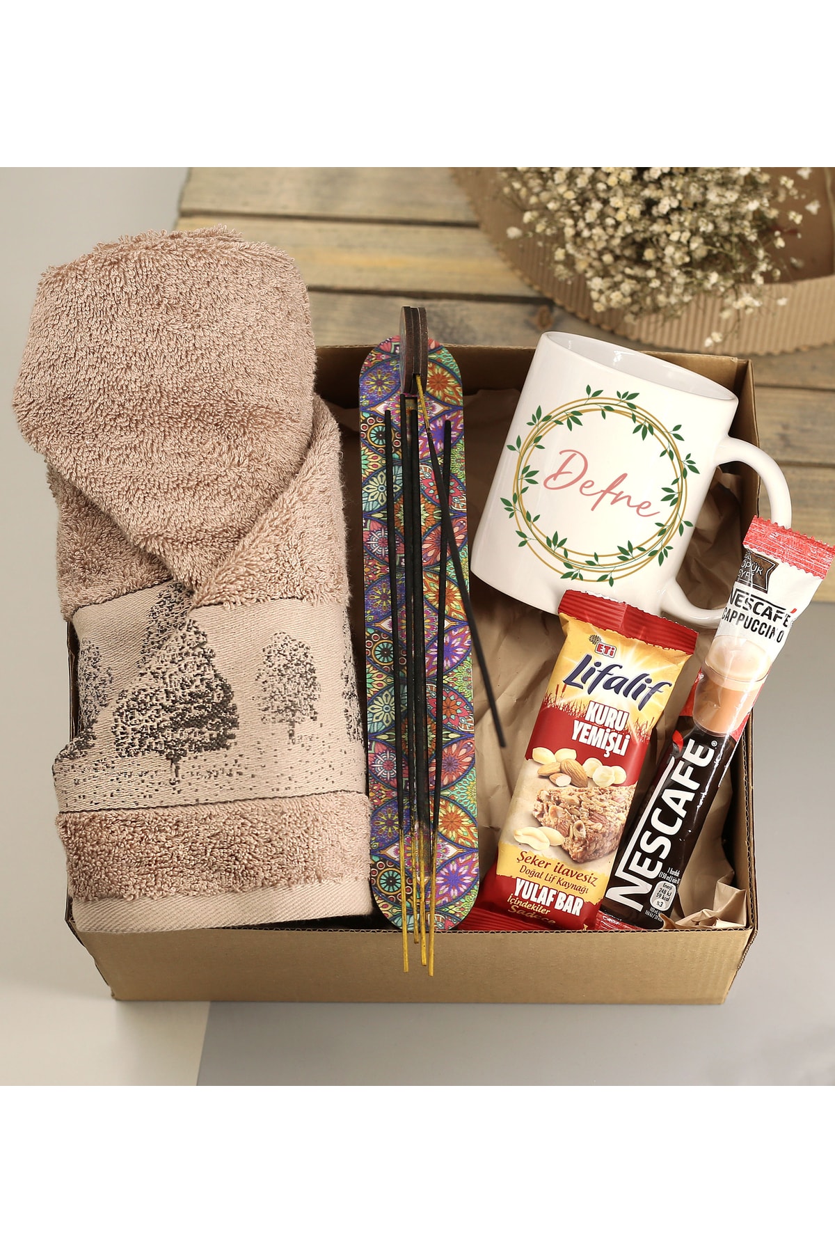 Personalized Name Printed Mug & Pupil Bamboo Towel & Incense Plate & Incense & Cappuccino & Bar