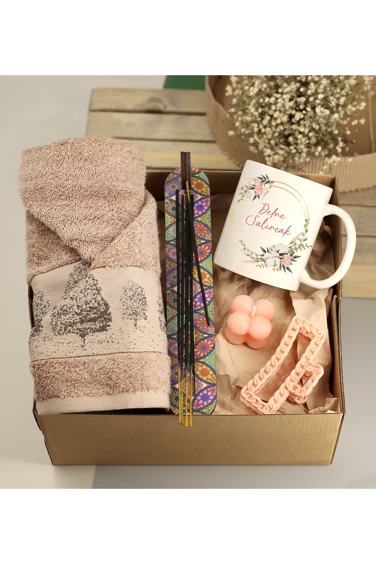 Personalized Name Printed Mug & Bamboo Towel & Incense Plate & Incense & Pinch Buckle & Candle