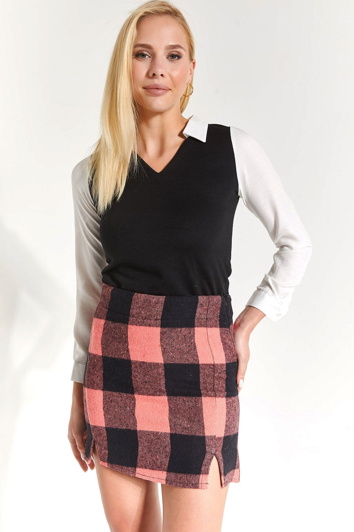 Pink plaid mini skirt womens top