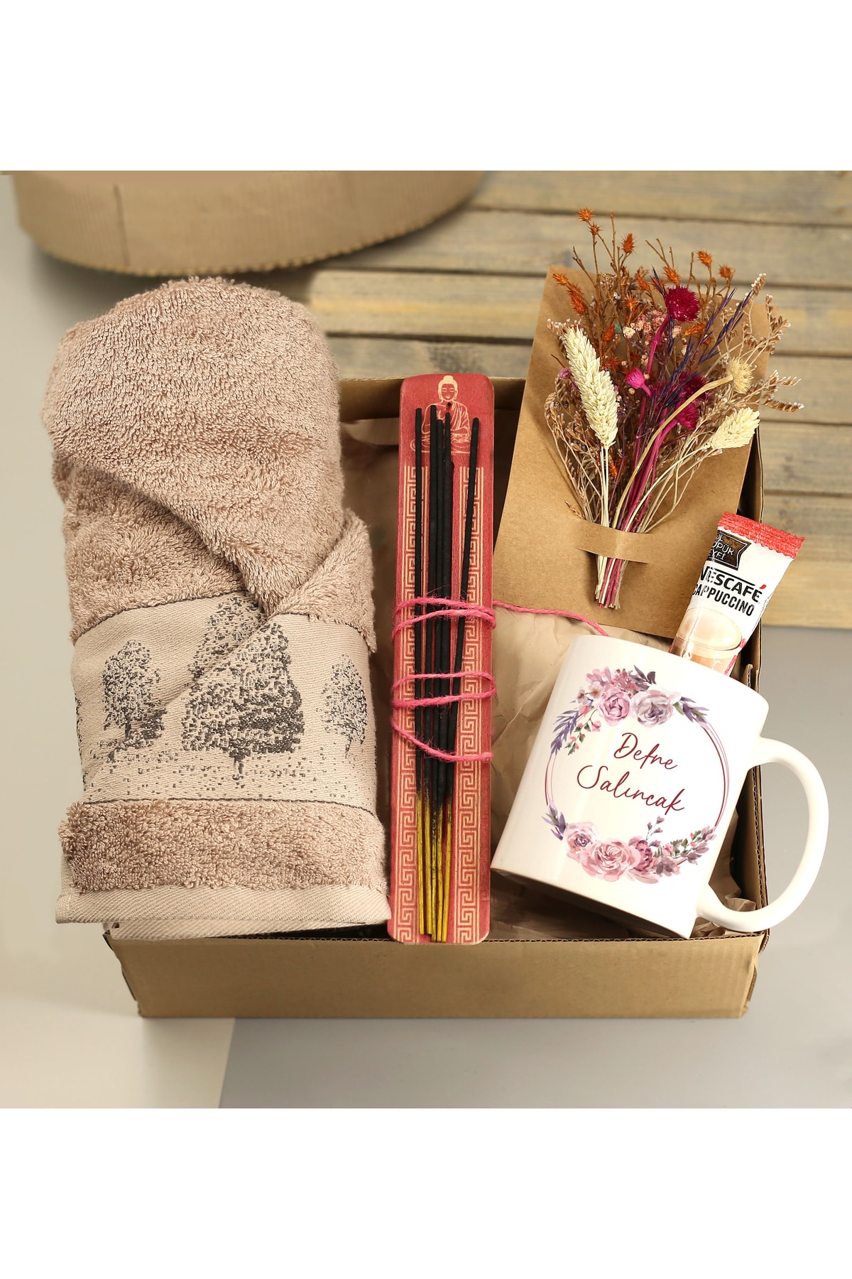 Personalized Name Printed Mug & Bamboo Towel & Incense Plate & Incense & Cappuccino & Floral Card