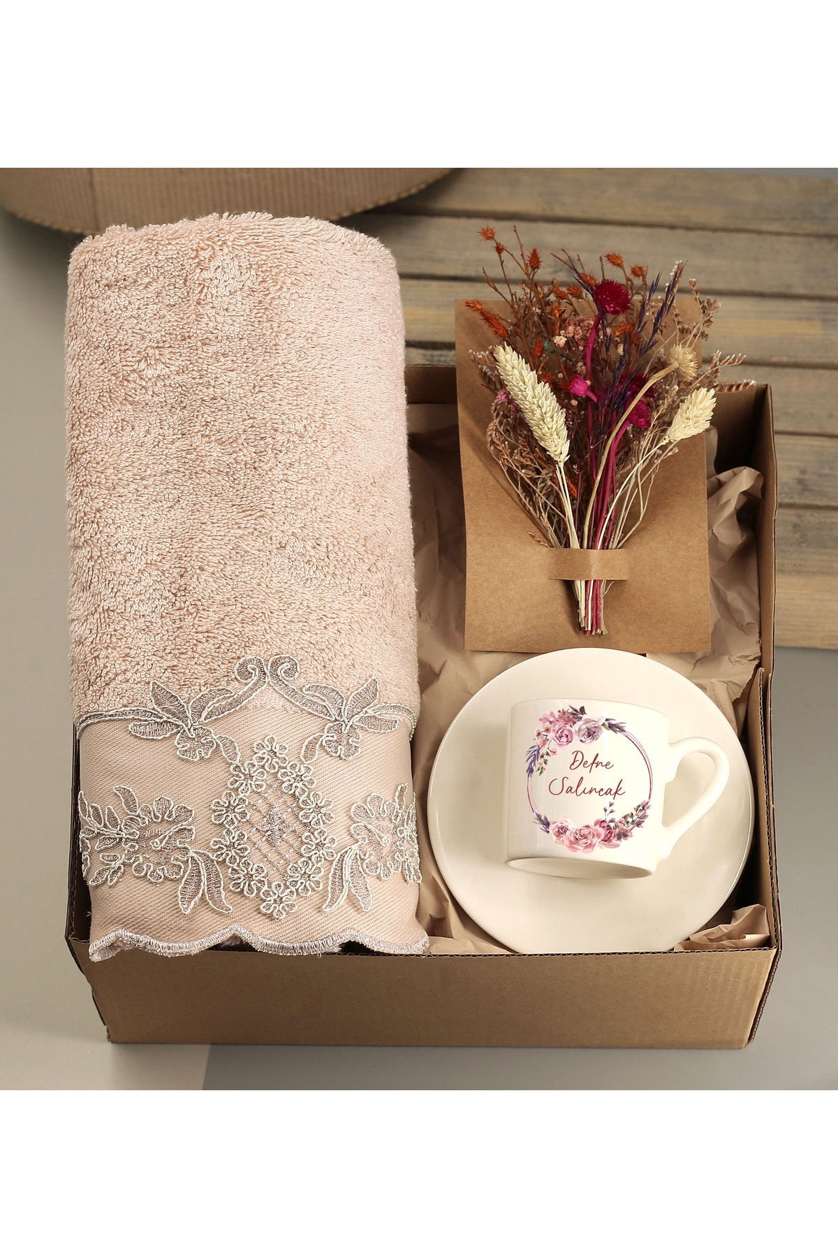 Personalized Name Printed Cup & Pupil Bamboo Towel & Floral Card Gift Set