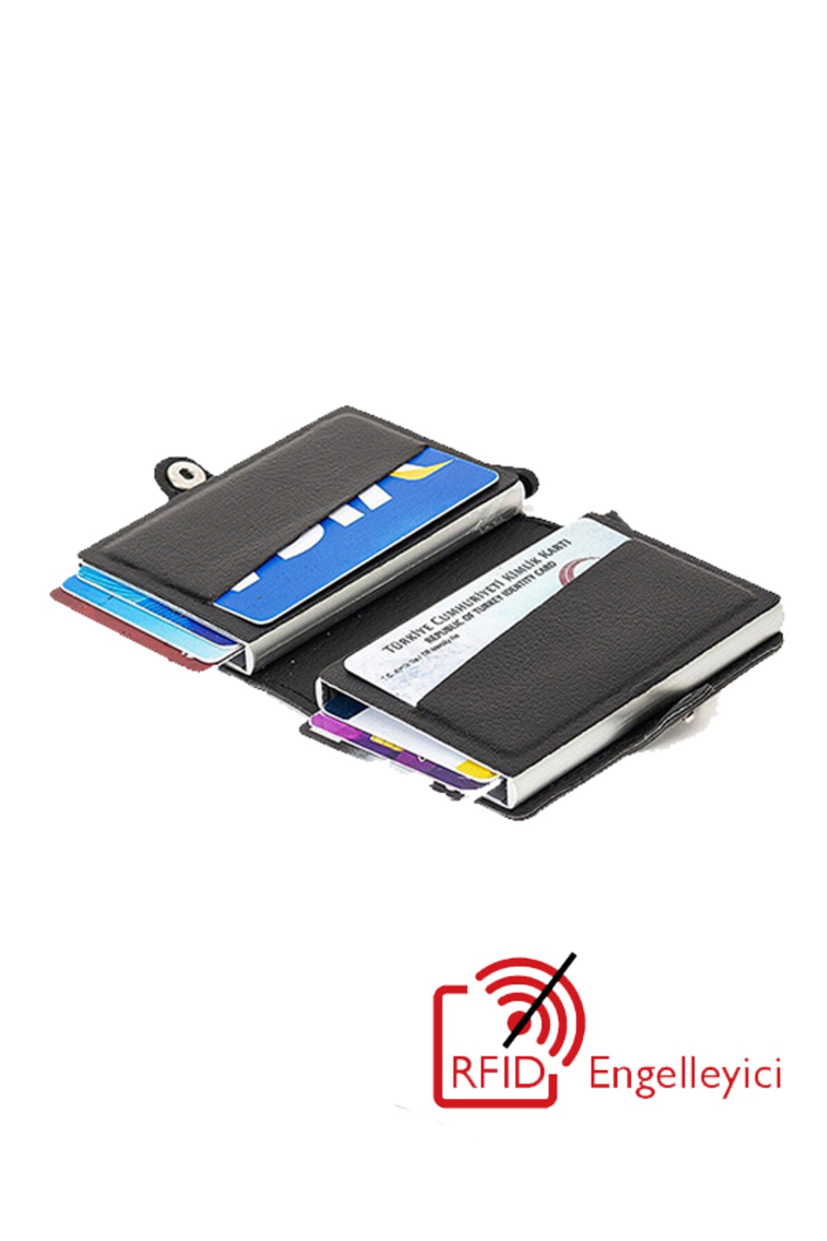 Newish  Adelina Orijinal Unisex Siyah Deri Çift Alüminyum Mekanizmalı Kartlık 7x10 Cm - Görsel 8