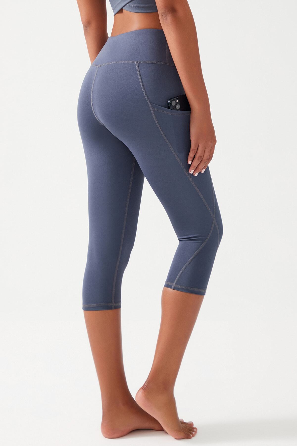 Los Ojos-Anthrazitfarbene Capri-Leggings mit hoher Taille und schmaler doppelter Tasche unterhalb des Knies 4