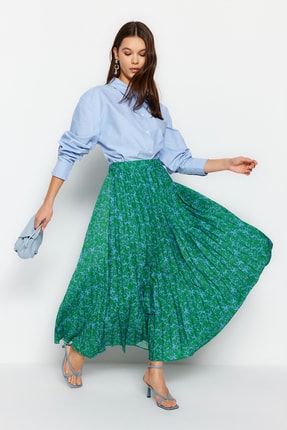 Trendyol Modest Yeşil Çiçek Desenli Piliseli Beli Lastikli Dokuma Etek TCTSS23EE00018