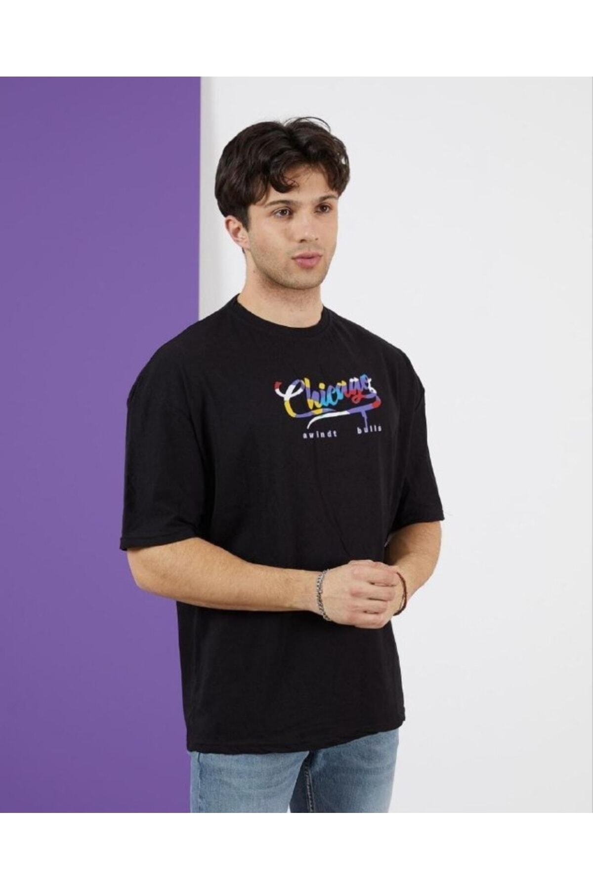 Nowhere Baskılı Oversize %100 Pamuk Siyah T-shirt