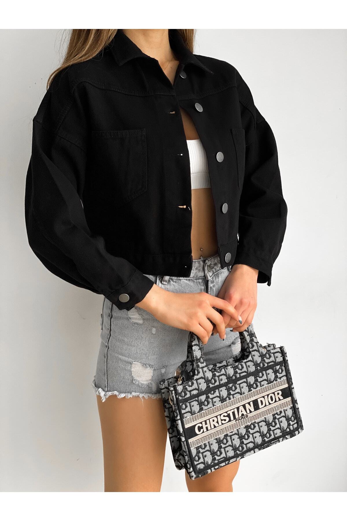 LB Laluna Butik  Kadın Siyah Crop Denim Ceket - Görsel 3