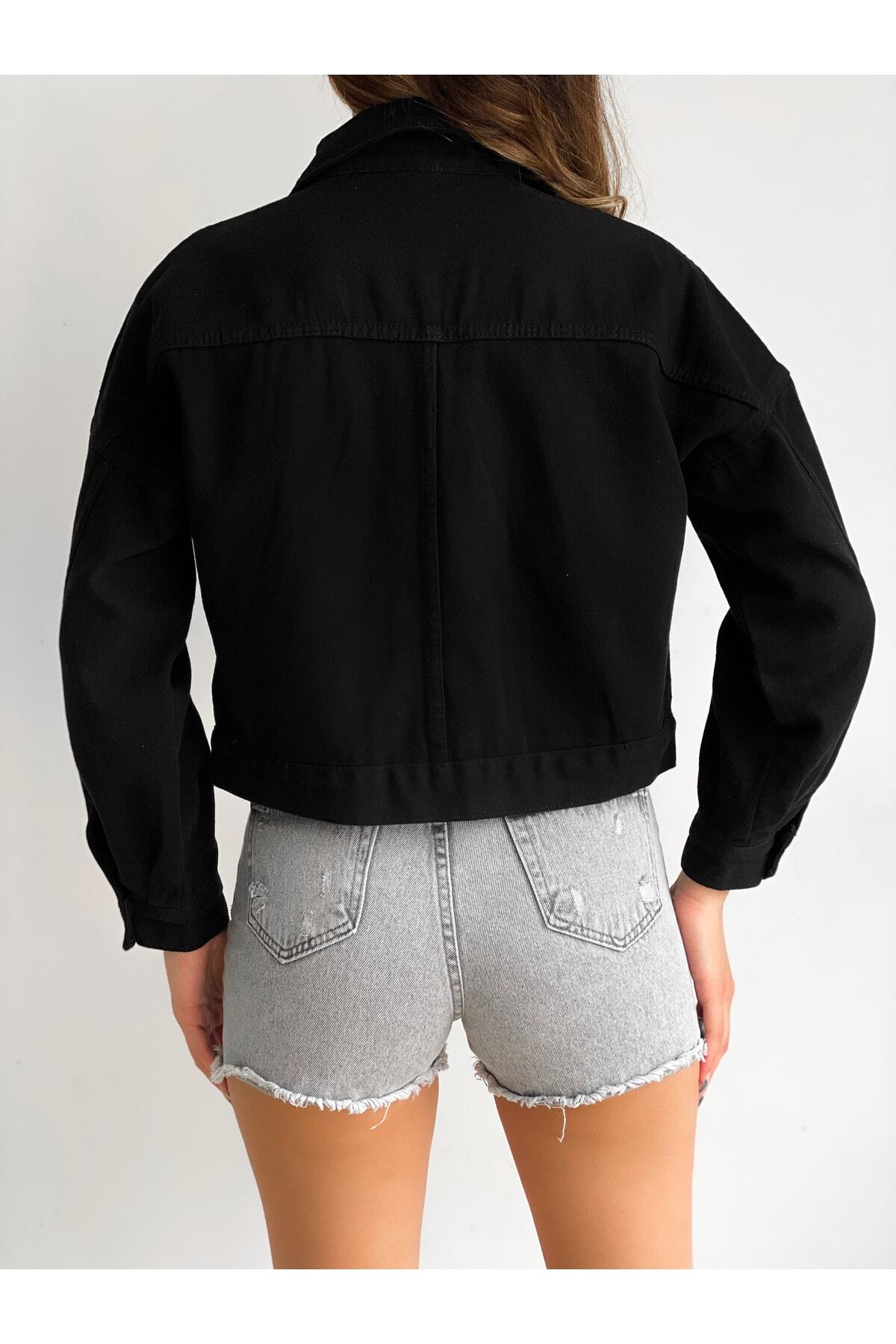 LB Laluna Butik  Kadın Siyah Crop Denim Ceket - Görsel 6