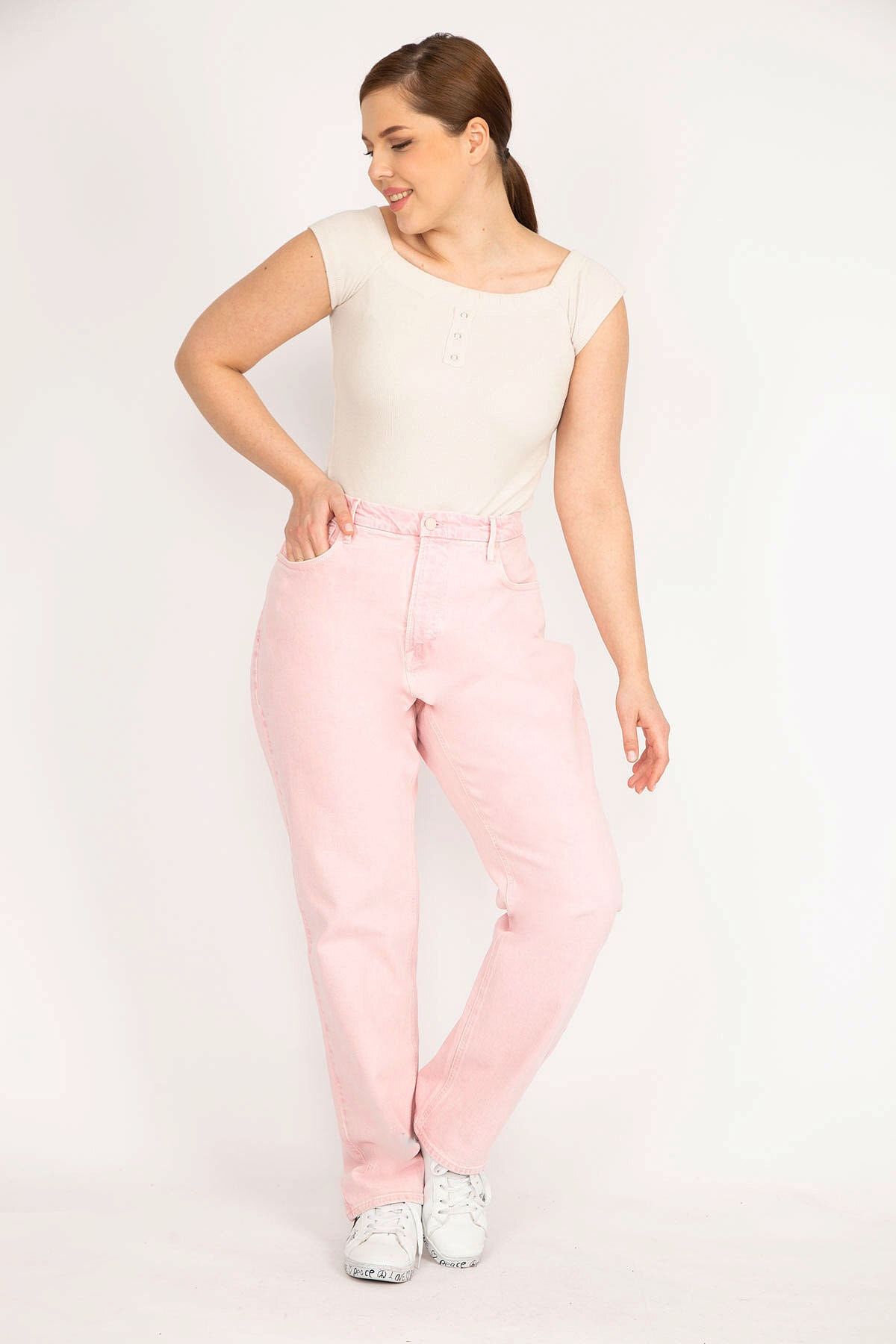 Şans Women's Pink Plus Size 5 Pocket Lycra-Free Jeans - Trendyol