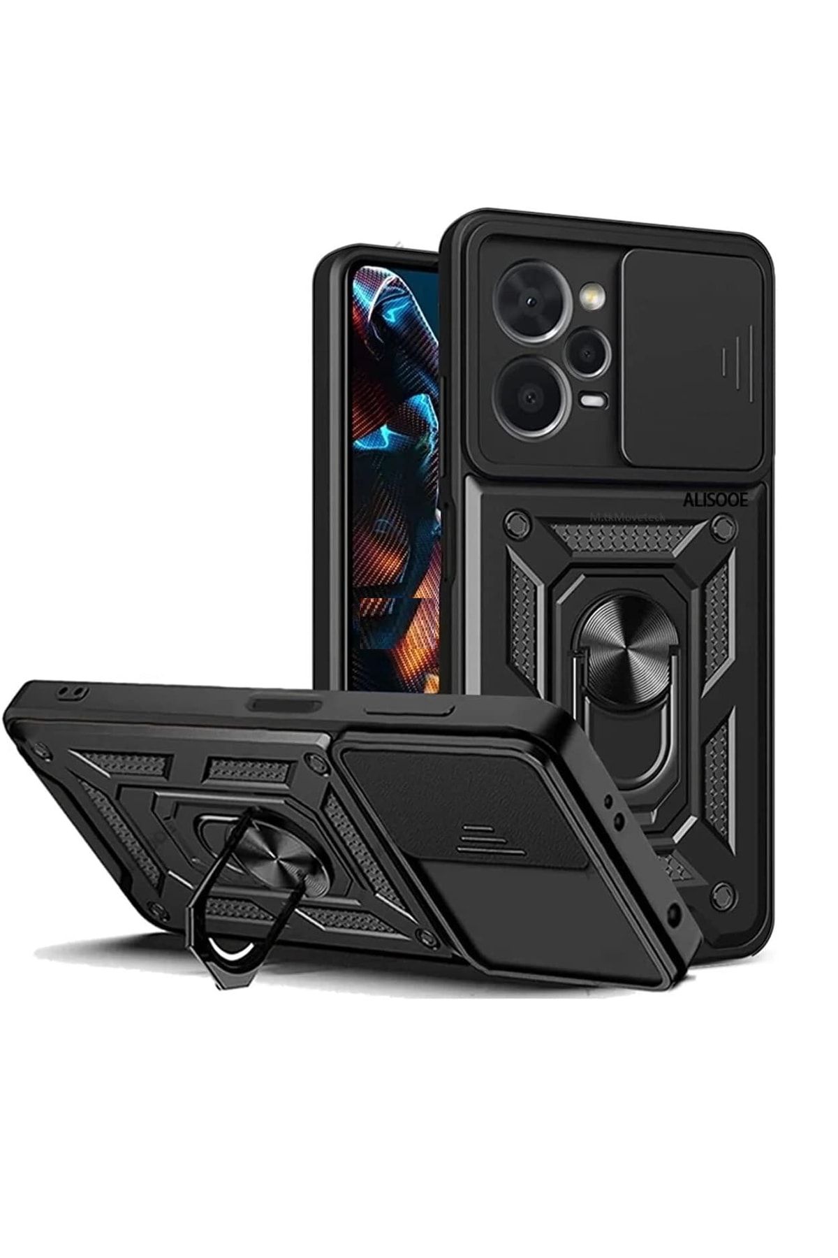 Fibaks Xiaomi Poco X5 Pro 5g Kılıf Kamera Korumalı Sürgülü Yüzüklü Armor Military Tank Darbe 0037