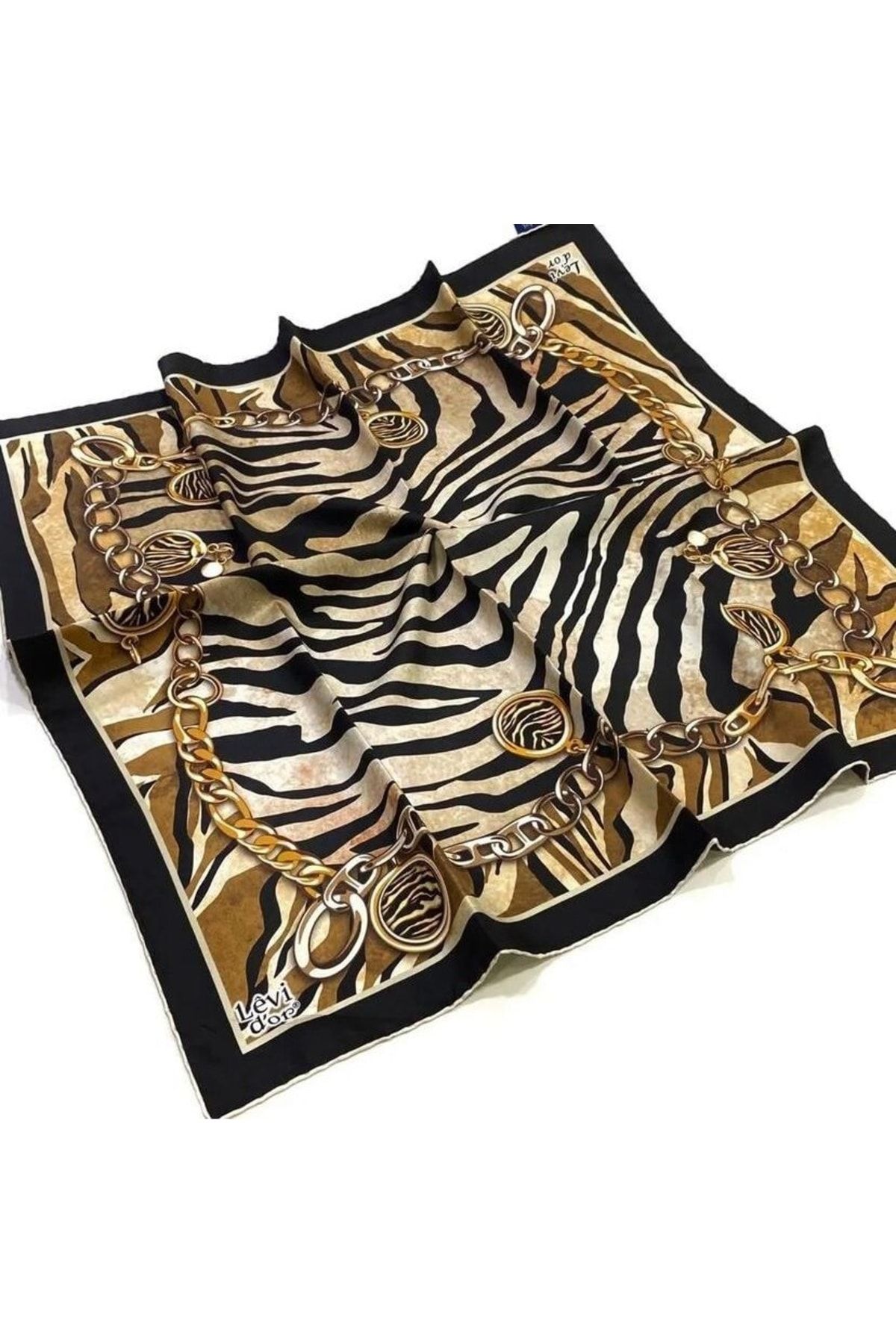 Levidor-Silk Scarf Twill Black Mink Gold Zebra Chain Pattern 2