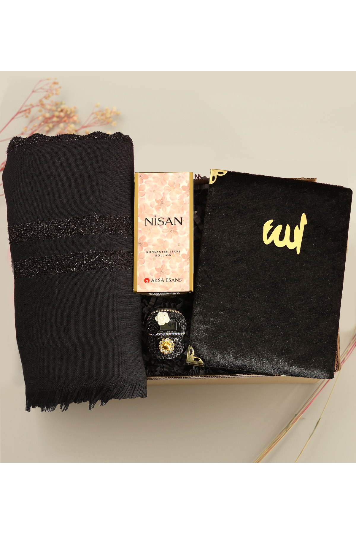 Glitter Detailed Black Colored Shawl & Zikirmatik & Yasin & Floral Fragrance Alcohol-Free Roll-on Essence Gift Set
