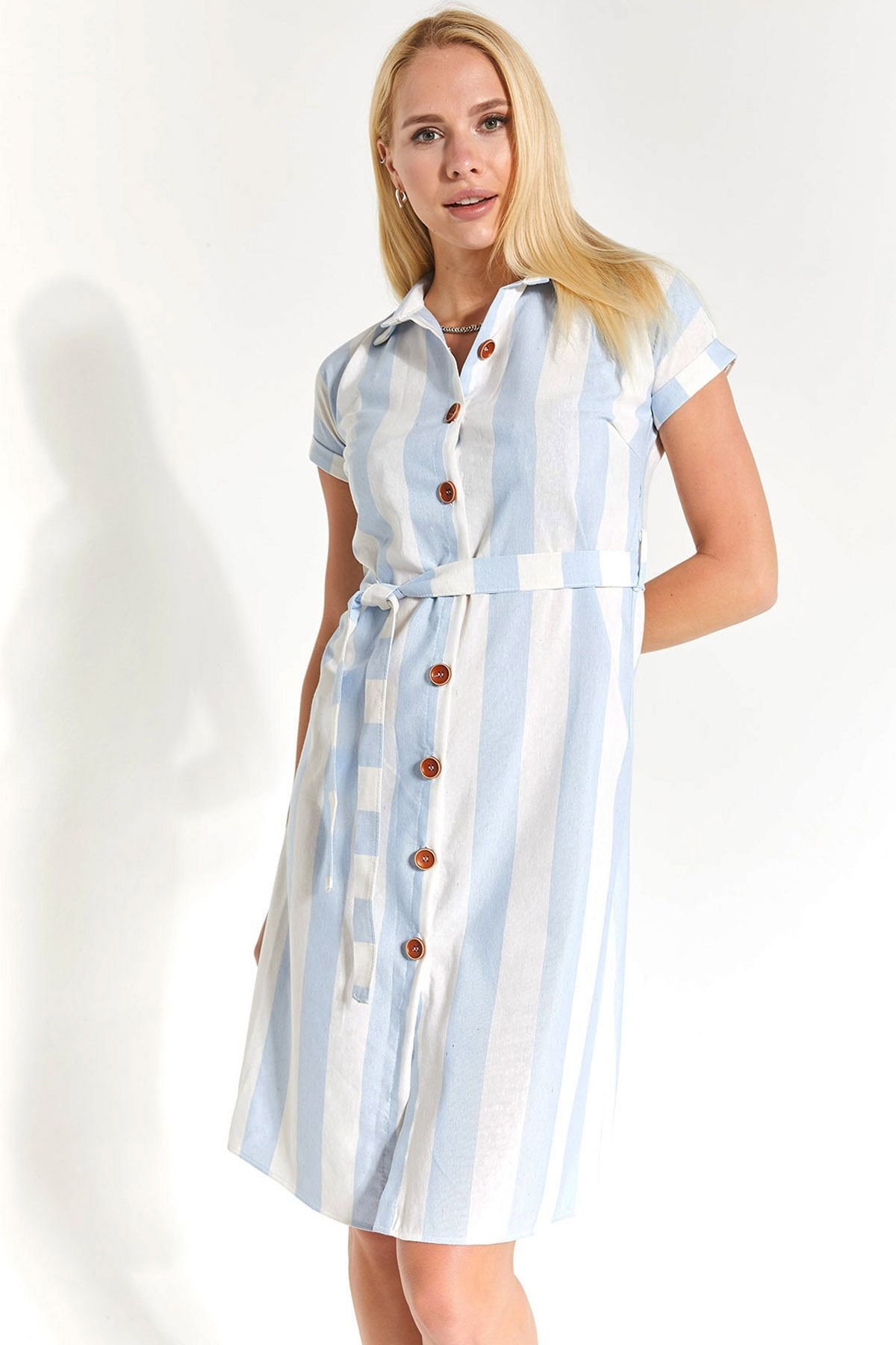 Blue pinstripe tie deals waist shirt dress