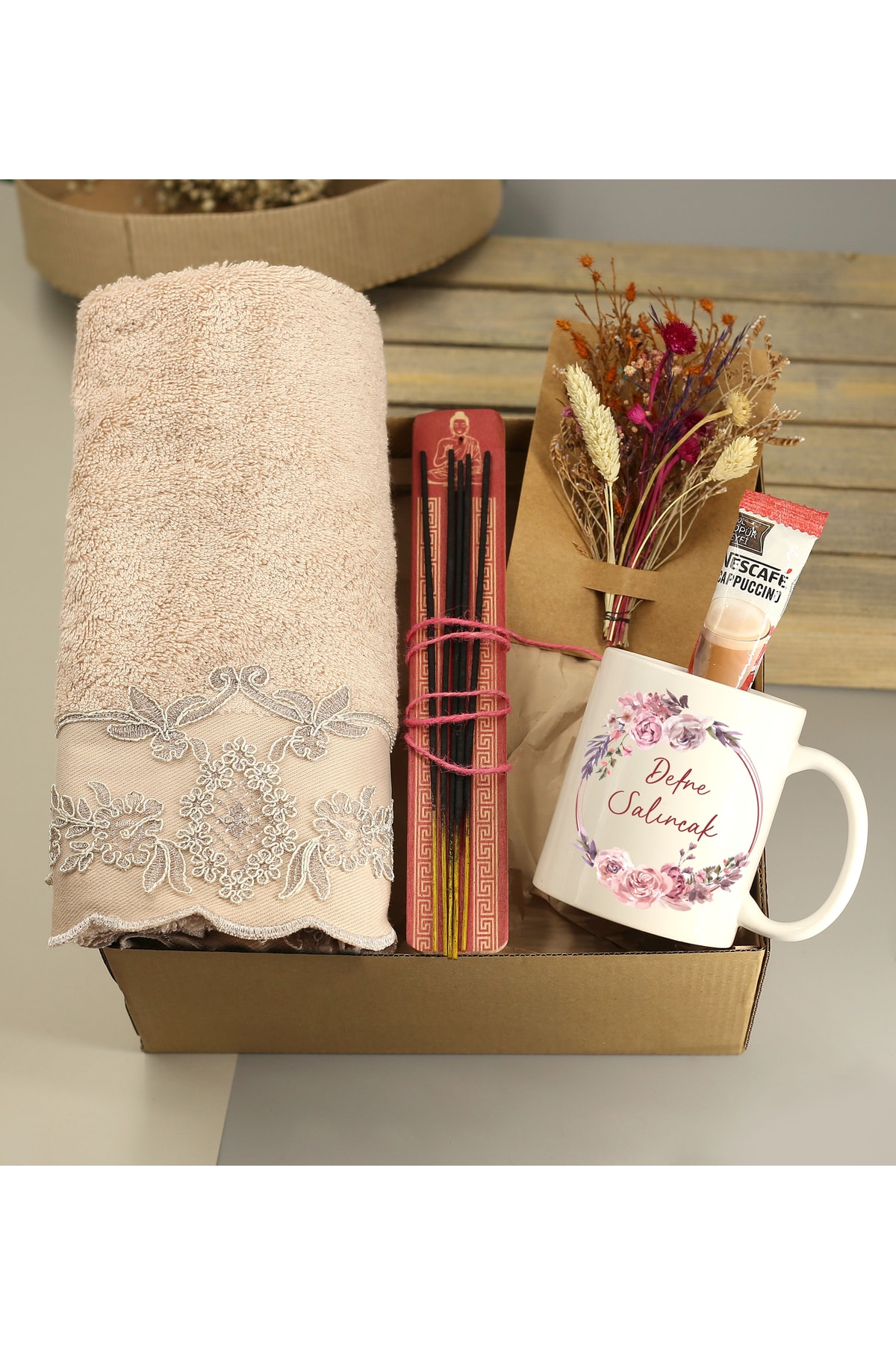 Personalized Name Printed Mug & Bamboo Towel & Incense Plate & Incense & Cappuccino & Floral Card