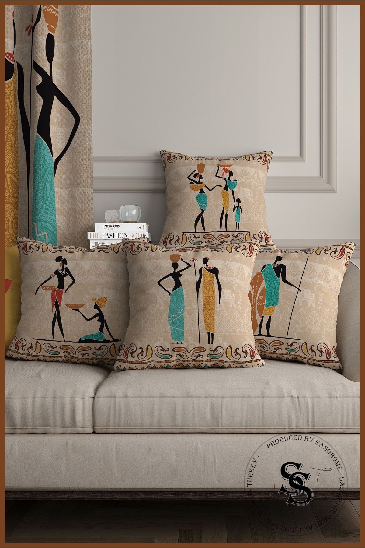 SasoHome Cream Background Ethnic African Turquoise Patterned Digital Printed Throw Pillow Cover