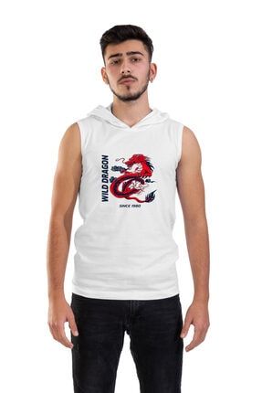 Unisex Beyaz Kırmızı Ejderha Dijital Baskılı Kapüşonlu Kolsuz T-shirt RFTS369