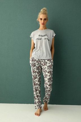Kadın Desenli Kısa Kol Mevsimlik Pijama Takımı 90201