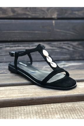 Kadın Siyah Deniz Kabuğu Detaylı Süet Sandalet 088 cam088gms
