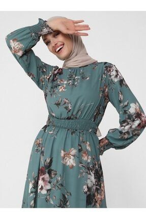 Kadın Koyu Çağla Yeşil Çiçekli Kol Ucu ve Beli Gipe Detaylı Şifon Elbise 1860094