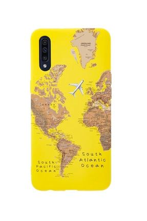 Samsung A50 Harita Desenli Premium Silikonlu Sarı Telefon Kılıfı MCSAMA50LDH