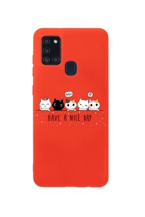 Samsung A21s Şirin Kedicikler Premium Silikonlu Kırmızı Telefon Kılıfı MCSAMA21SLSRK
