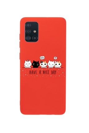 Samsung A51 Şirin Kedicikler Premium Silikonlu Kırmızı Telefon Kılıfı MCSAMA51LSRK