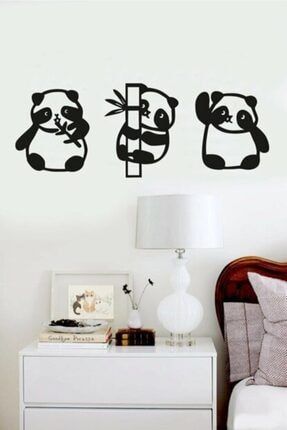 Panda 3lü Duvar Dekoru Siyah Ahşap Lazer Tablo 47556