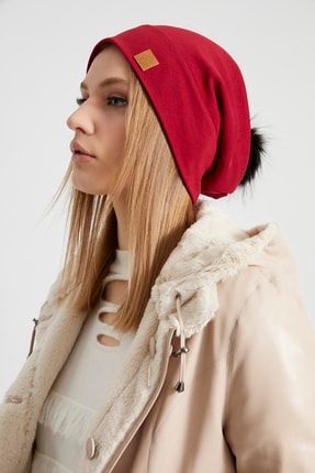 Kadın Kırmızı Kürk Ponpon Detaylı Şapka Bere BG66049