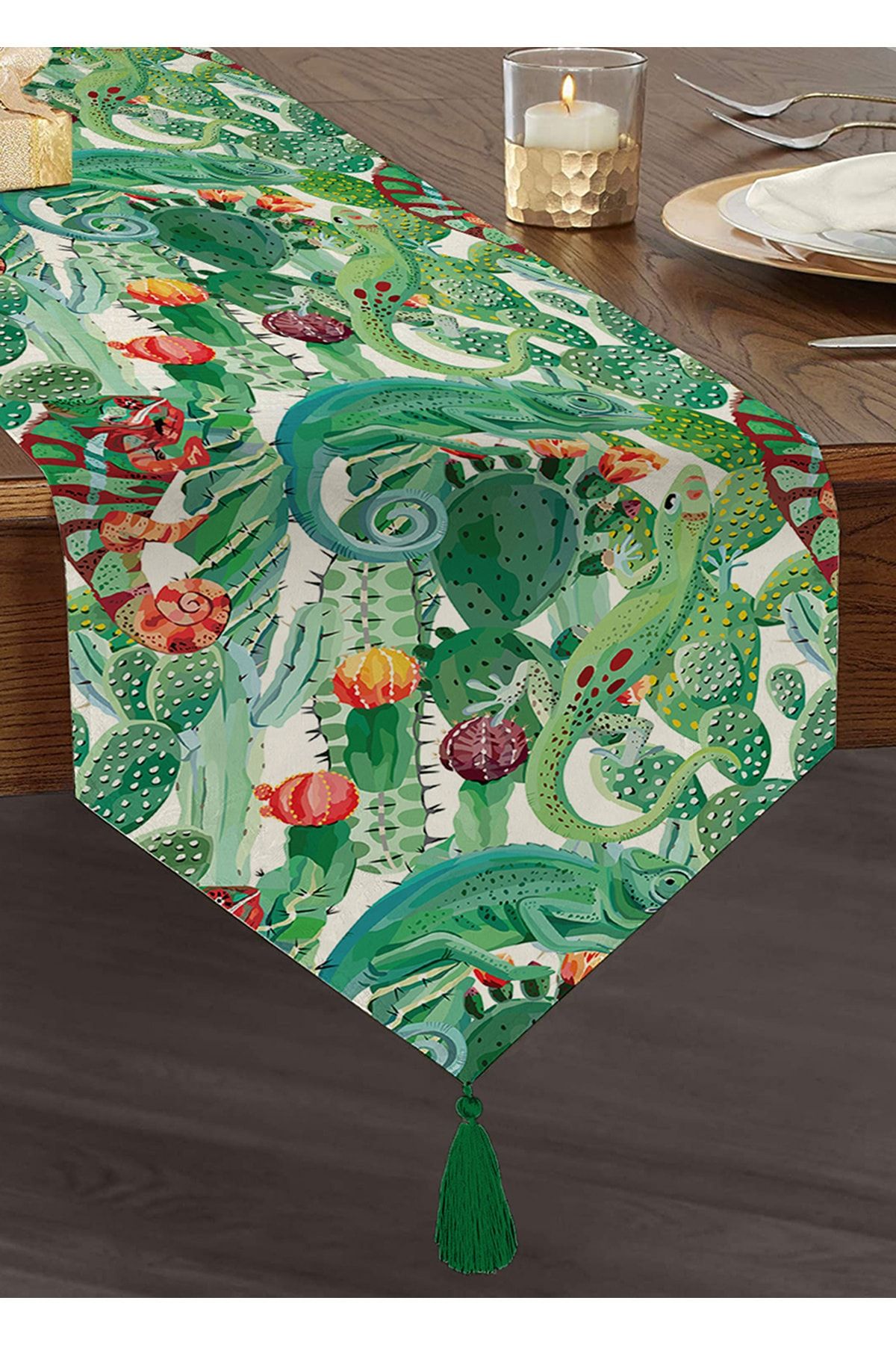 Realhomes Alergăre Triunghiular Din Chenille Cu Design Special Imprimat Digital, Cu Design Pădure Tropicală - One Size