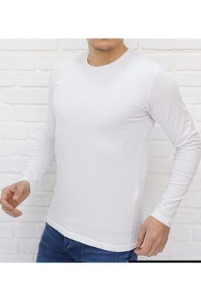 Erkek Beyaz Yuvarlak Yaka Uzun Kol T-shirt 6285