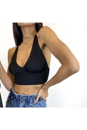 Kadın Büstiyer Crop Top Örme Dekolteli Siyah SRG001B5