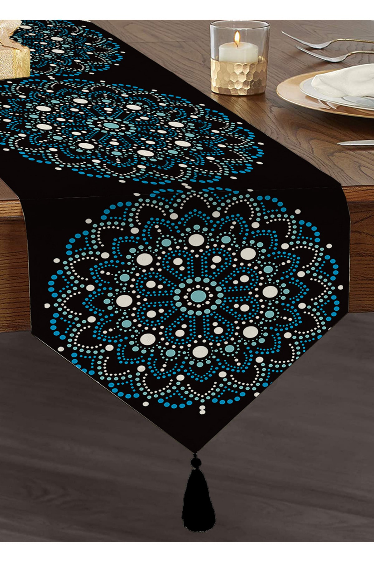 Realhomes Chenille Triangle Runner with Blue Beaded Mandala Decorative Tassels on Black Background