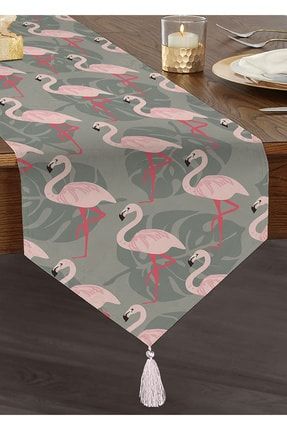 Flamingo Desenli Dijital Baskılı Püsküllü Şönil Üçgen Runner UcgenRunner-931