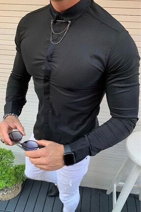 Erkek Siyah Yaka İgneli Slim Fit Gömlek ON11T-036901