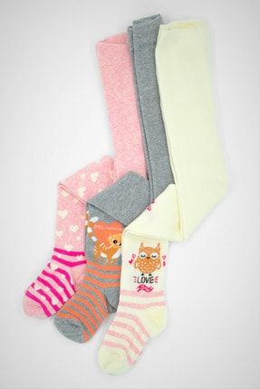 Kız Külotlu Çorap Kedi Baykuş Ve Kalp Desen Pamuklu (penye) 3'lü 6968 - BD