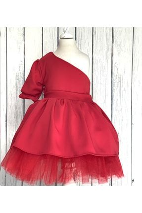 Kız Çocuk Kırmızı Parla Tek Omuz Kabarık Elbise BİS1428200211