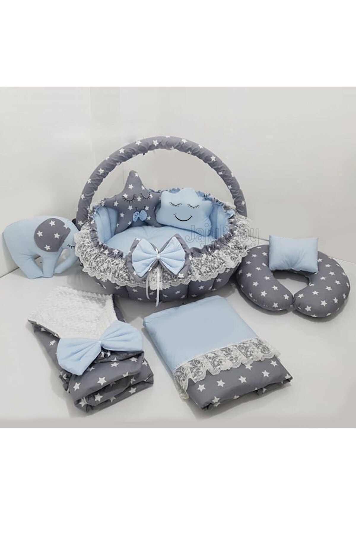 Jaju Baby Nest Gri Yıldız Mavi Tasarım Oyun Minderi Jaju-babynest Anne Yanı Bebek Yatağı8 Parça Set