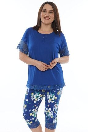 Kadın Mavi Büyük Beden Düşük Omuzlu Dantelli Kısa Kol Kaprili Pijama Takım 0110300427_A