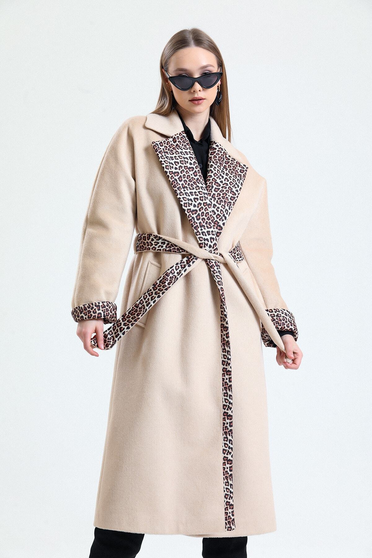 Women's Belted Leopard Pattern Cashmere Coat